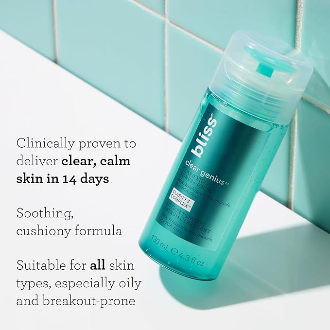 Bliss Clear Genius Clarifying Toner + Serum - 4.3 Fl Oz - Purifies Pores, Tones, Calms & Clears Skin - Salicylic Acid, Niacinamide & Witch Hazel - Clean Paraben Free - Vegan & Cruelty-Free