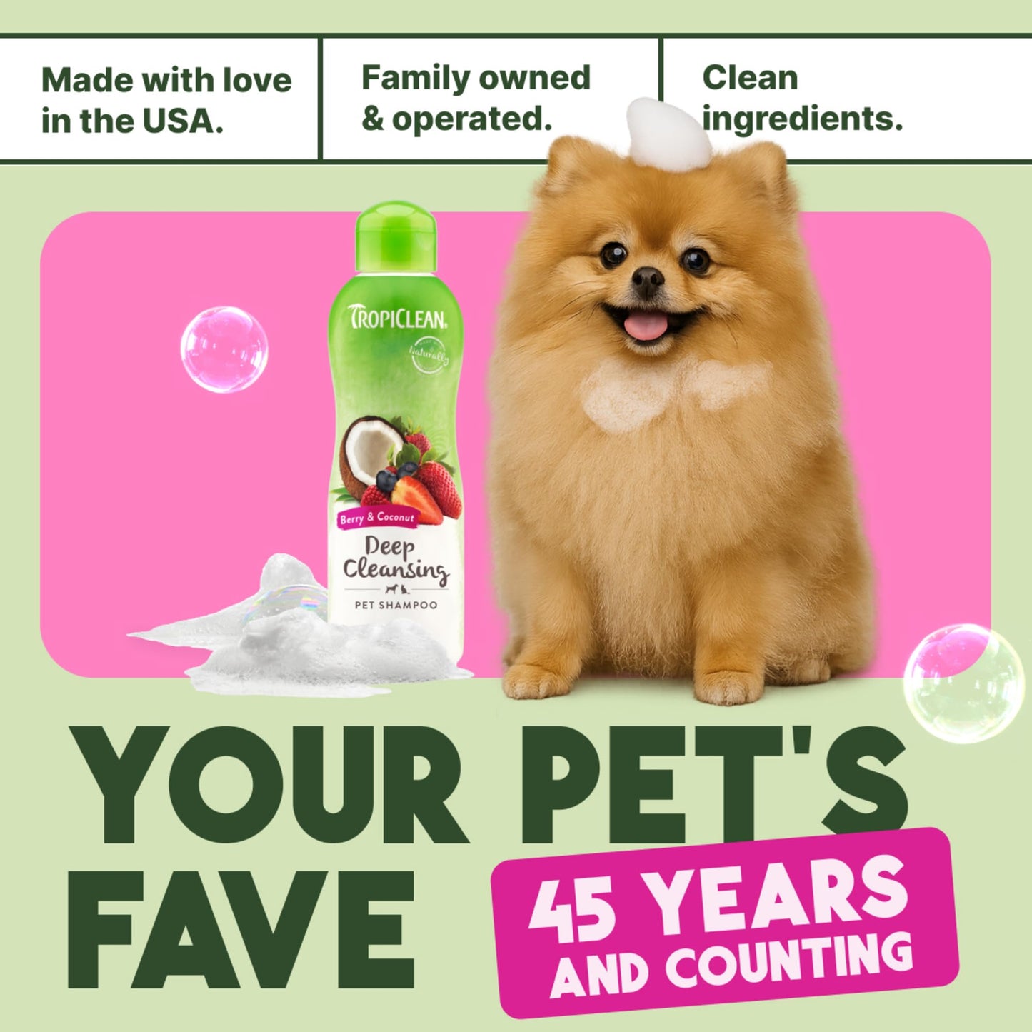 TropiClean Deodorizing Dog Shampoo for Smelly Pets, Long Lasting Odor Control, Puppy Safe, Made in the USA, Berry Scent, Cat Friendly, 20oz.