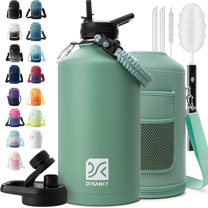 DYSANKY 1 Gallon Water Bottle Insulated | Thickened Stainless Steel Vacuum Metal Water Jug | Portable Sports Large for Gym and Hiking with Straw, Carrier Bag, Handle Strap | BPA-Free 128 oz