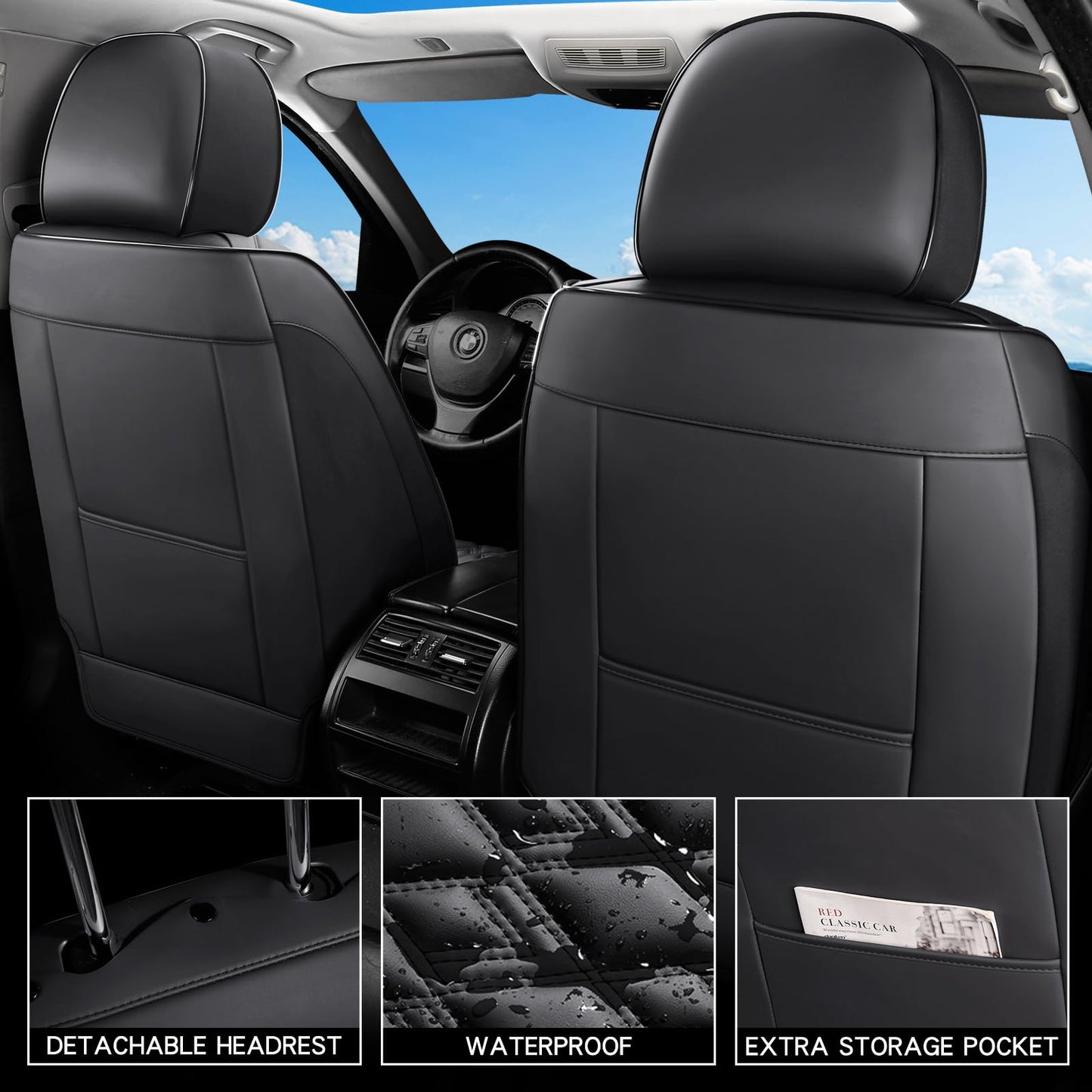 COMFDRIVE Car Seat Covers Full Set, Leather Seat Covers for Cars, Car Seat Protector Waterproof, Non-Slip Car Interior Covers Fit for Most Cars, SUV, Vans, Trucks,5Seaters,Full Set,Black