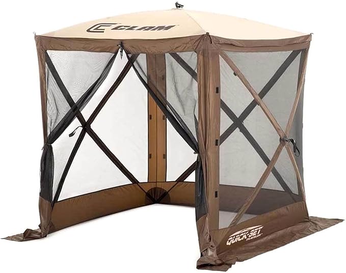 CLAM Quick Set Traveler 6 by 6 Foot Portable Pop Up Outdoor Camping Gazebo Screen Tent 4 Sided Canopy Shelter with Carry Bag and Wind Panel, Brown