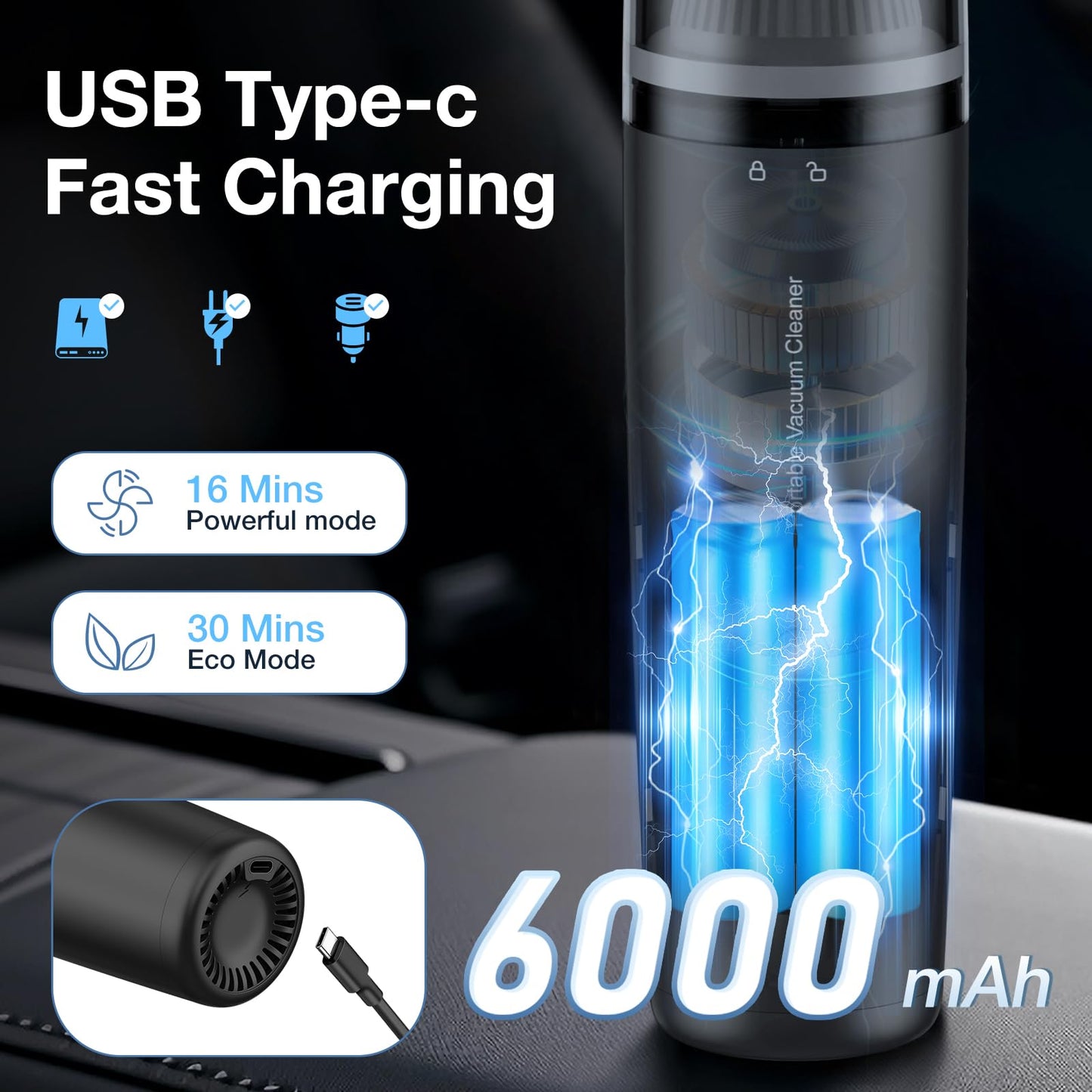 LYFUHUI Car Handheld Vacuum Cordless 13000 PA Suction Power, Portable Mini Vacuum Cleaner for Car Home Office and Pet Hair, Black