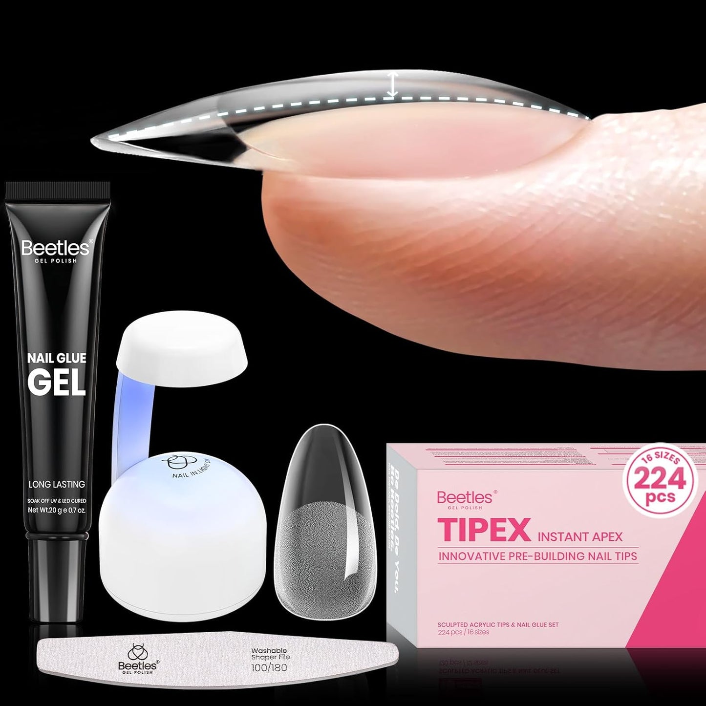 Beetles Tipex Instant Apex Nail Tips Kit, Medium Oval Almond 224Pcs 16 Sizes Pre-Building & Pre-Etched Thicker Acrylic Nails False Nail Extension with Tipex Nail Glue Mini Nail Lamp