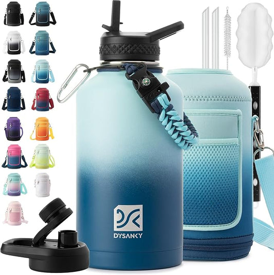 DYSANKY Insulated Water Bottle | Thickened Stainless Steel Vacuum Metal | Portable Sports Half Gallon Large Water Jug for Gym and Hiking with Straw, Carrier Bag, Handle Strap | BPA-Free 64 oz