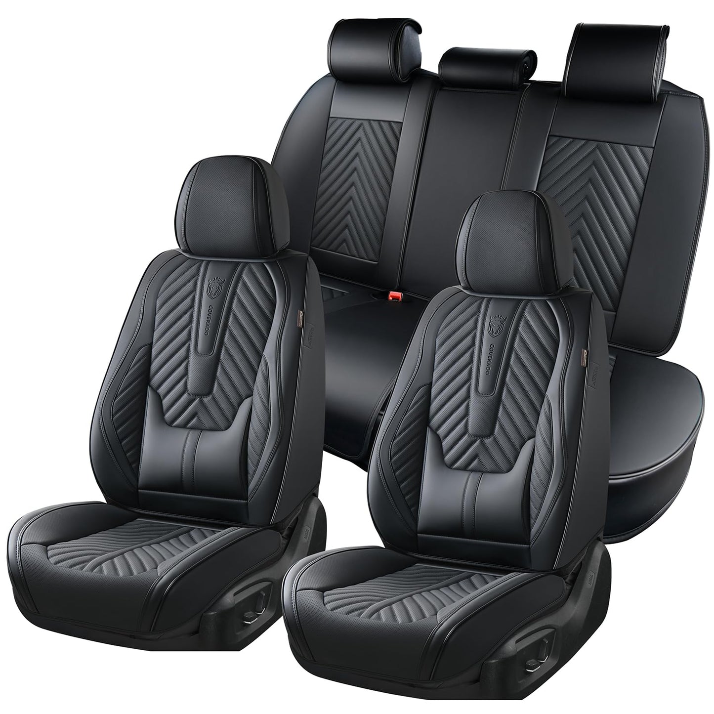 Coverado Seat Covers Full Set, Luxury Leather Car Seat Covers for Car with Lumbar Support, Automotive Seat Covers Waterproof Car Seat Protector Universal Fit for Most Cars SUV Truck(Black)