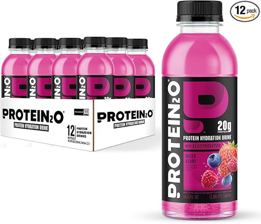 Protein2o Hydration Drink - 2-in-1 Liquid Clear Whey Protein Isolate and Electrolyte Drink - 20g Protein, Vitamins B5, B6 - Post-Workout Recovery - 16.9 Fl Oz - 12 Count Mixed Berry
