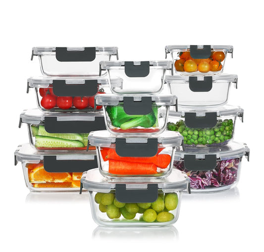 KOMUEE 24 Pieces Glass Food Storage Containers Set,Glass Meal Prep Containers-Stackable Airtight Glass Storage Containers with lids,Freezer, Microwave, Oven Safe,Gray