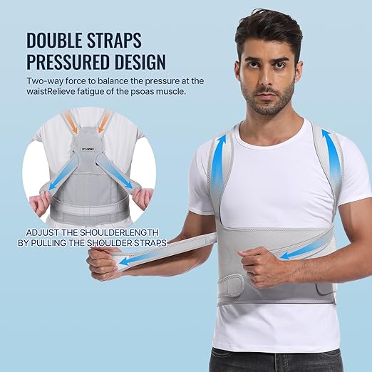 Fit Geno Back Brace Posture Corrector for Men & Women: Shoulder Straightener Adjustable Full Back Support Pain Relief - Scoliosis Hunchback Spine Corrector (Small), Gray