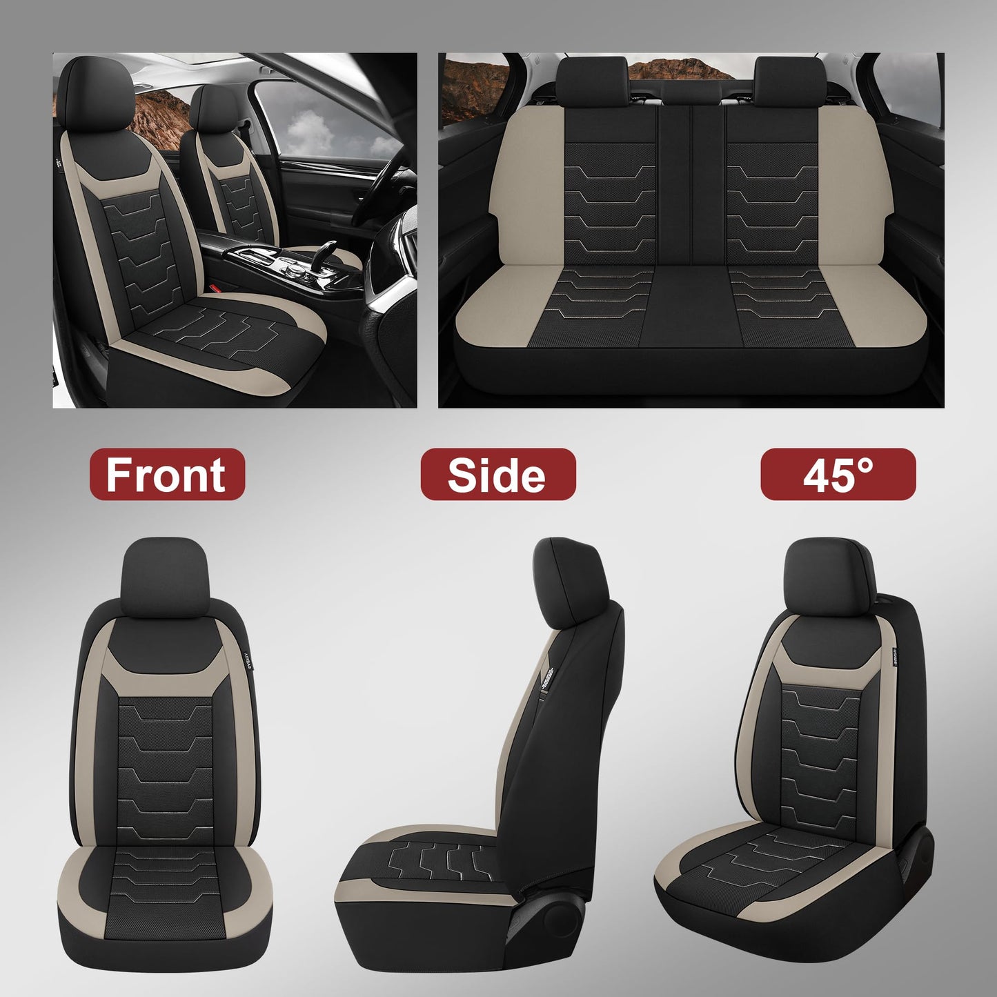CAROMOP Breathable Car Seat Covers Full Seats,3D Air Mesh Cloth Seat Covers for Cars, Split Bench Compatible Car Interior Covers, Universal Fit Most Car Sedan Truck SUV(Black/Beige)