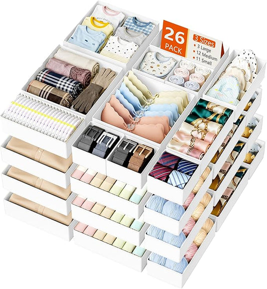 DIMJ Drawer Organizer Clothes Storage - 26 Pack Baby Dresser Organizer for Nursery, Foldable Closet Drawer Organizer Bins for Bedroom Organization, Fabric Storage Dividers for Socks, Underwears, Bras