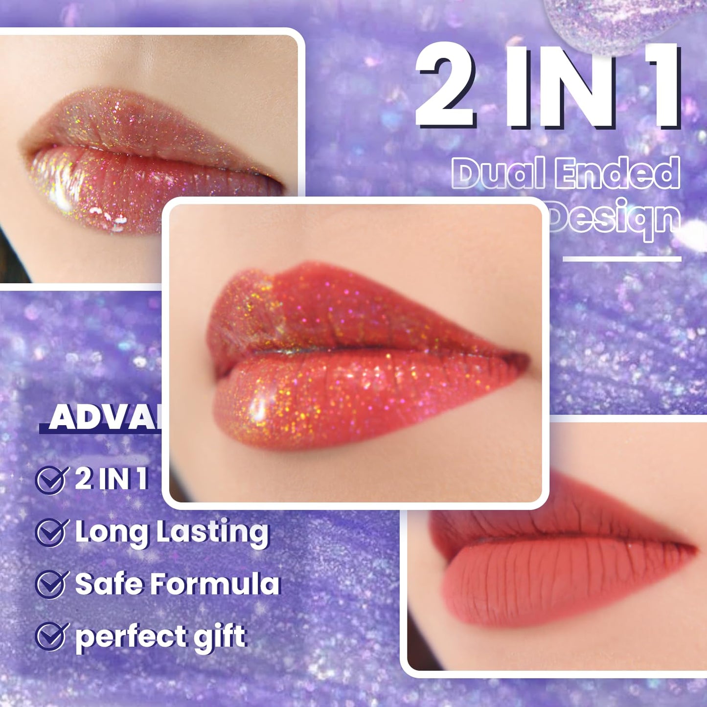 CHARMACY Multichrome Double Head Non-Stick Lip Gloss, Metallic Colourful Lip Glaze, Anti-transfer, Long Lasting Waterproof Liquid Lipstick Makeup (#04)