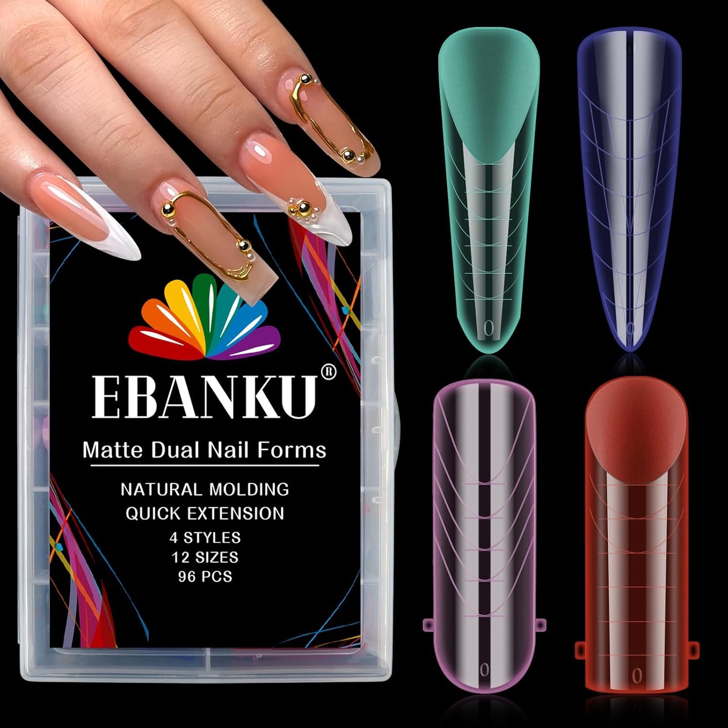 EBANKU Dual Nail Forms for Poly Extension Gel, 96 PCS Colorful Nail Molds Reusable Nail Extension Forms for Builder Gel Manicure Design Salon DIY-12 Sizes