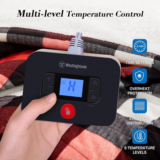 Westinghouse Electric Blanket Queen Size, Soft Flannel to Sherpa Heated Blanket with Dual Control 10 Heating Levels & 1 to 12 Hours Auto-Off, Machine Washable, Fast Heating, 84 * 90 Inch, Red