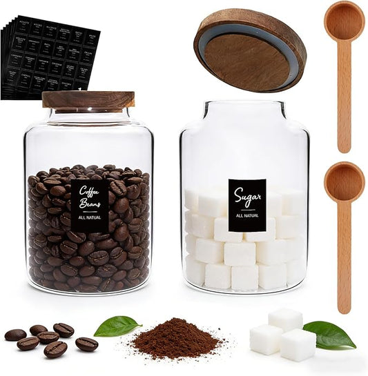 66oz Large Glass Storage Jar with Wooden Lids Spoons Labels Glass Coffee Ground Canister Borosilicate Glass Sugar Flour Container for Cookies Spice Rice Tea(2000ml/67oz-2 pack-with scoop)