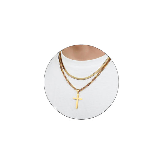 RUOOUY Layered Cross Necklace for Men Stainless Steel Layered Snake Chain Cuban Link Chain 16-24 inch Christian Cross Pendant Religious Jewelry Gifts(Gold22-24) Over 18 years old
