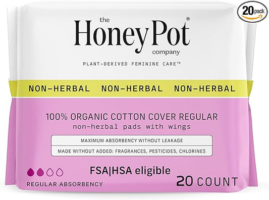 The Honey Pot Company - Sanitary Pads for Women - Non-Herbal Regular Flow w/Wings - Organic Cotton Cover & Ultra-Absorbent Pulp Core - Feminine Care - FSA & HSA Eligible - 20 ct