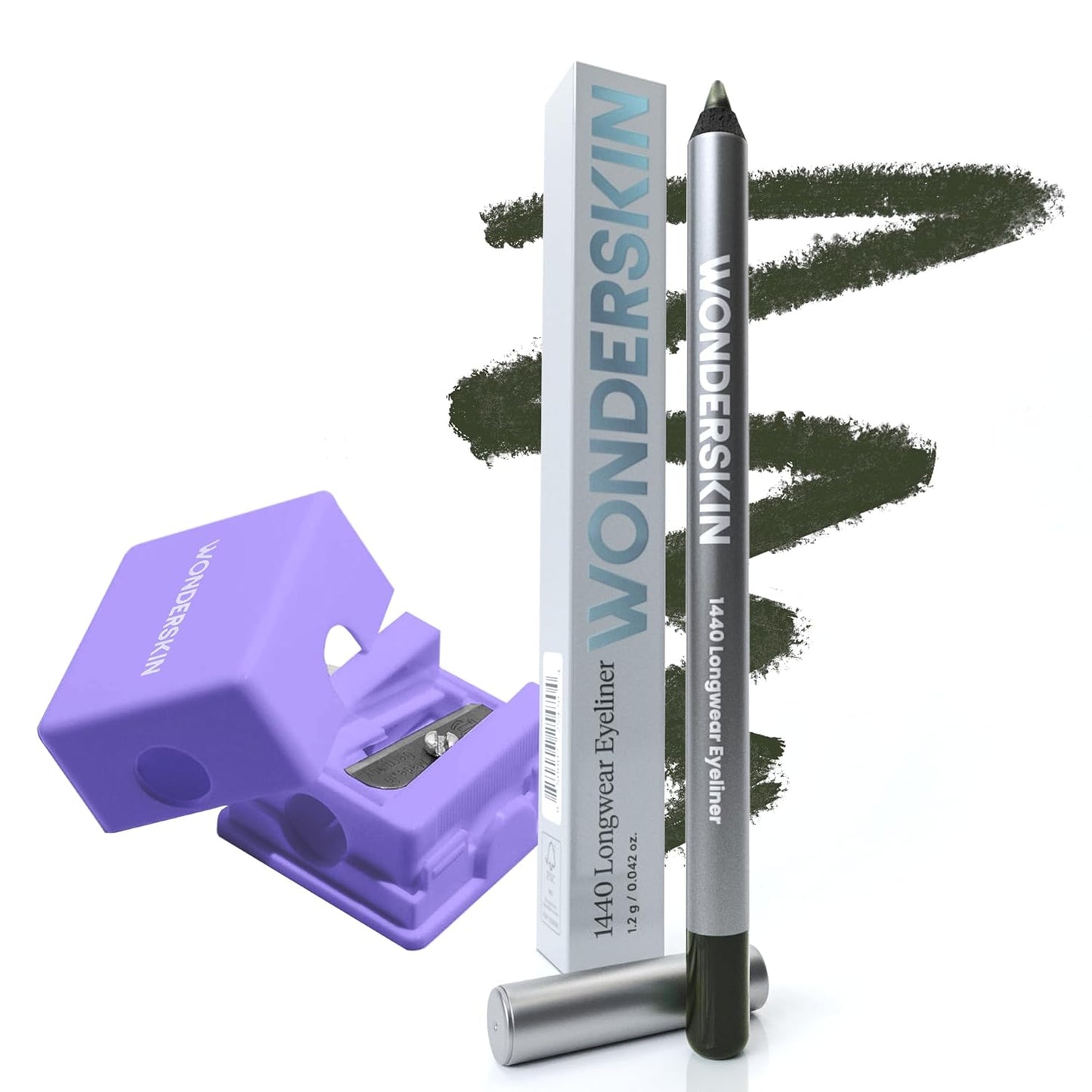 Wonderskin 1440 Longwear Green Eyeliner Pencil with Sharpener - Waterproof, Sharpenable Eyeliner Pencil & Smudge Proof Green Eye Liner Pencils (Olive)