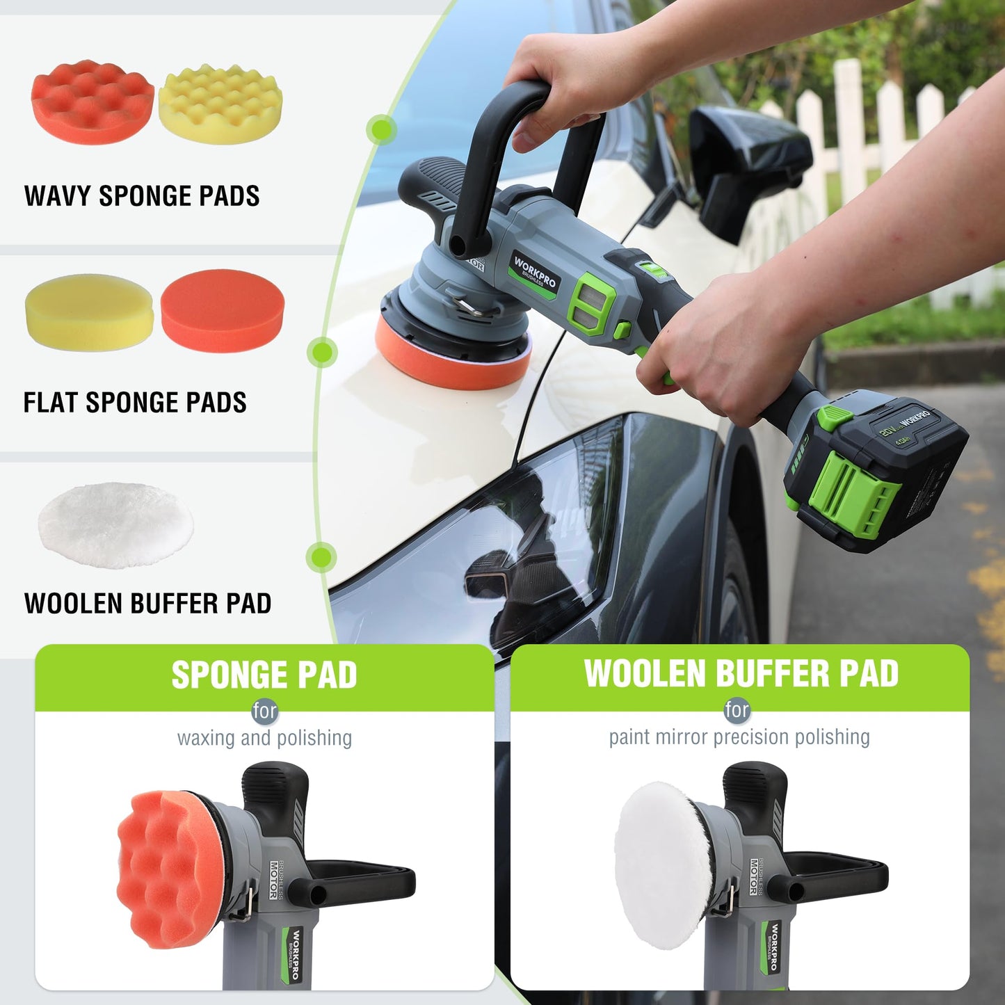 WORKPRO 5" Cordless Car Buffer Polisher, 20V Professional Brushless Polisher with 4.0Ah Battery, Orbital Pulidora De Autos Inalambrica with 7 Speed, Random Polisher Kit for Car Detailing, Waxing