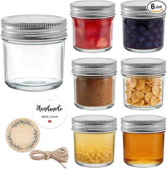6 Pack Mini Mason Jars 2 oz Glass Jars with Lids, Small Glass Jars for Jam Ginger Shots Honey Spices Wedding Favors, Includes Labels, String & Handmade Tags