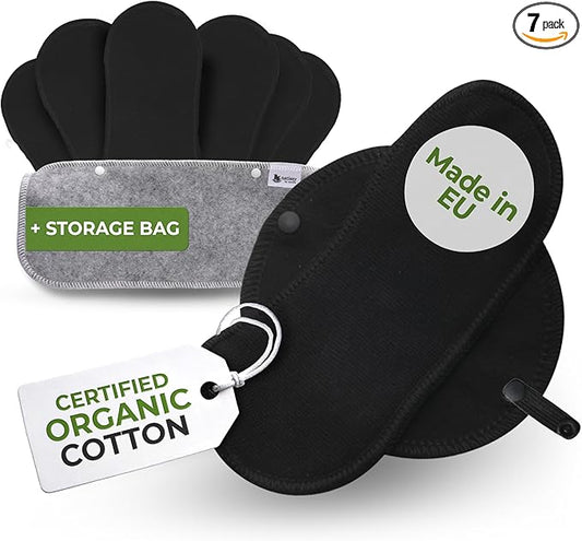 Organic Cotton Reusable Panty Liners for Women & Teens (Small, 7-Pack); High-Temp Washable Cloth Liners Made in EU; Stay Fresh & Dry, for Daily Vaginal Discharge Only; 100% Breathable (no PUL/TPU)