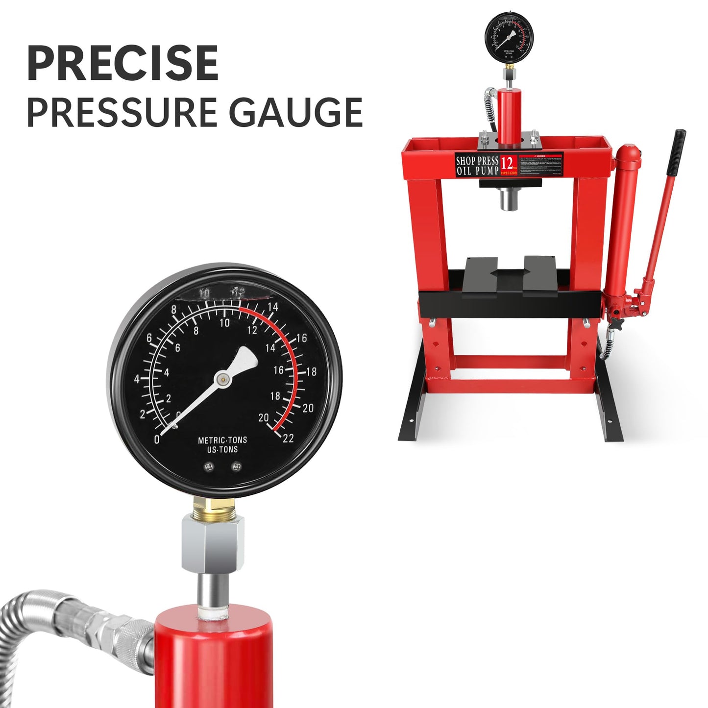 12 Ton Adjustable Benchtop Hydraulic Shop Press Metalworking Garage Workshop Tool w/Stamping Plates & Pressure Gauge Manual Hand Pump Steel Frame Compact Heavy-Duty Pressing Tool