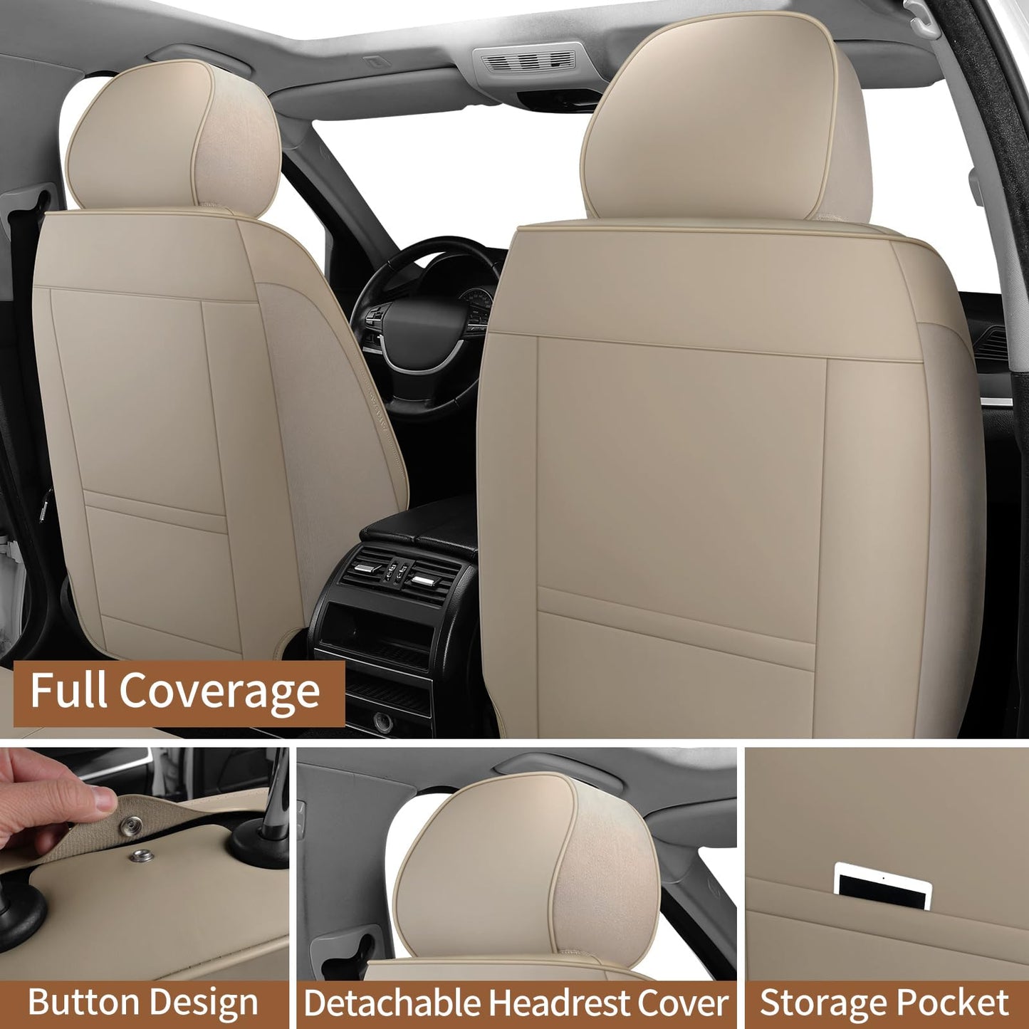 hoozoom Leather Car Seat Covers Full Set Breathable Automotive Seat Covers Waterproof Seat Protectors Universal Fit for Most Automotive Cars SUV Trucks(Beige, Full Set)
