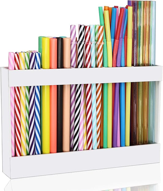 9.5" Large Acrylic Straw Holder for Cabinet Door-Reusable Tumbler Straw Organizer Storage,Small Kitchen Organizers and Storage Accessories Container, Ultra Sticky Cupboard Door Mounted(White)