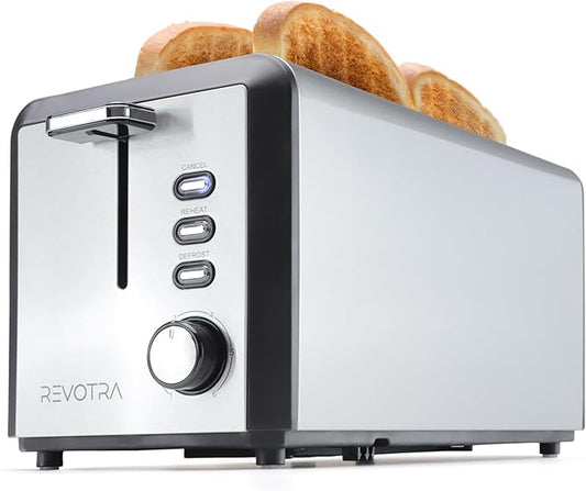 4 Slice Long Slot Stainless Steel Toaster with Extra Wide 1.5” Slots, 6 Shade Browning Settings, Defrost Reheat Cancel Functions, Even Toasting for Artisan & Sourdough Bread, Removable Crumb Tray