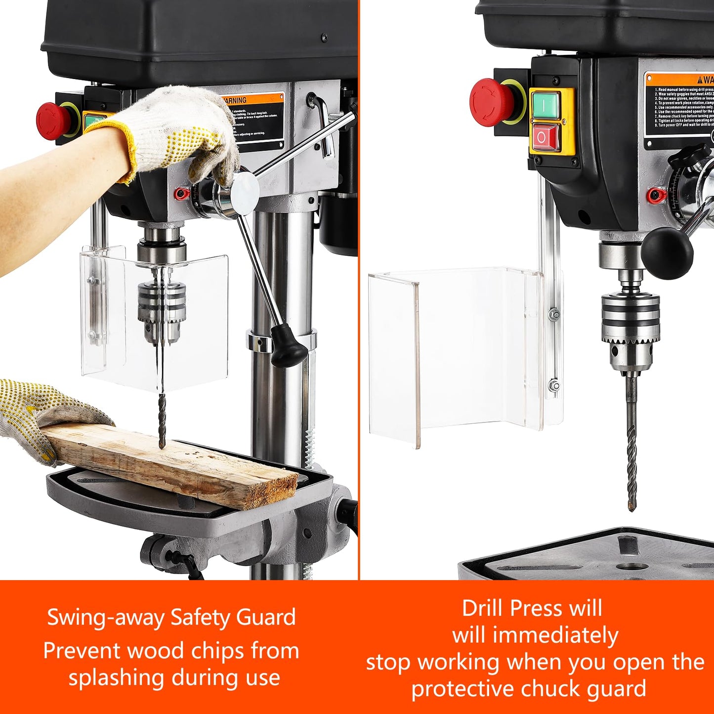 13 in Benchtop Drill Press, 7.5 Amp 120V Pure Copper Motor with Swing-away Safety Guard, 288-3084 RPM Variable Speed, 0-45°Tilting Worktable, Tabletop Drilling Machine for Wood Metal
