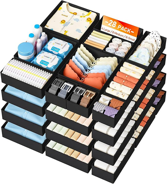 DIMJ Drawer Organizer Clothes Storage - 28 Pack Baby Dresser Organizer for Nursery, Foldable Closet Drawer Organizer Bins for Bedroom Organization, Fabric Storage Dividers for Socks, Underwears, Bras
