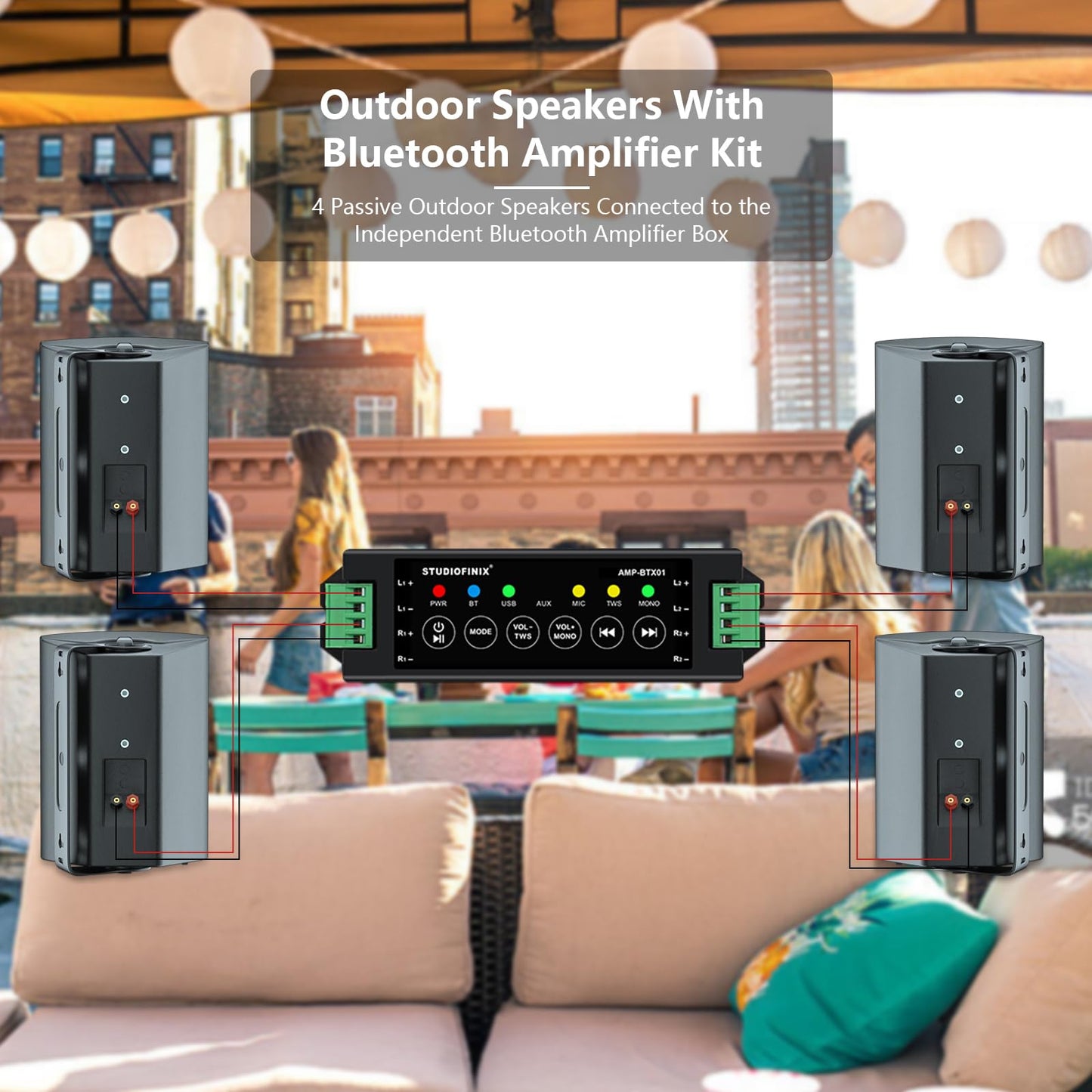 STUDIOFINIX 800W 6.5 Inch Outdoor Bluetooth Speakers Waterproof Wired with Multifunctional Amplifier Wall Mount Weatherproof Loudspeaker System for Patio Garden Poolside Home(4 Speakers,Black)