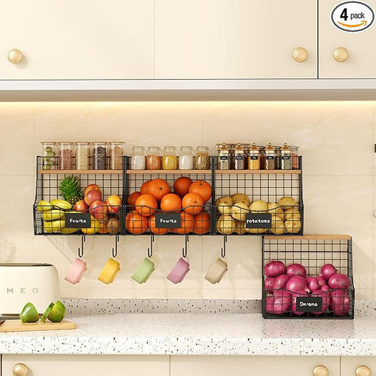 4 Pack Fruit Basket for Kitchen with Lid, Counter&Wall Mounted Hanging Fruit Basket, Potato and Onion Storage, Metal Wire Fruit and Vegetable Storage, Snack Organizer 11.81 * 8.66 * 10.63in