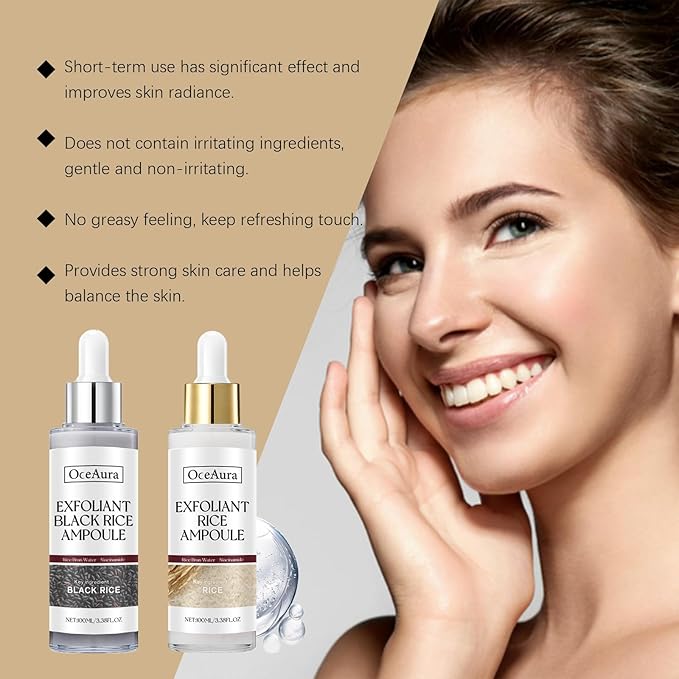Glow Rice Ampoule Peel Shot Exfoliant Duo Set - Black and White, Gentle Face and Body Exfoliator for Clear Skin (3.38 Fl Oz Each)
