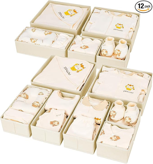 DIMJ Drawer Organizer Clothes 12 Pack - Foldable Baby Organizers and Storage & Dresser Organizer for Bedroom, Closet - Nursery Organization Dresser Dividers for underwear, Sock,Bra, Belt, Tie, Beige