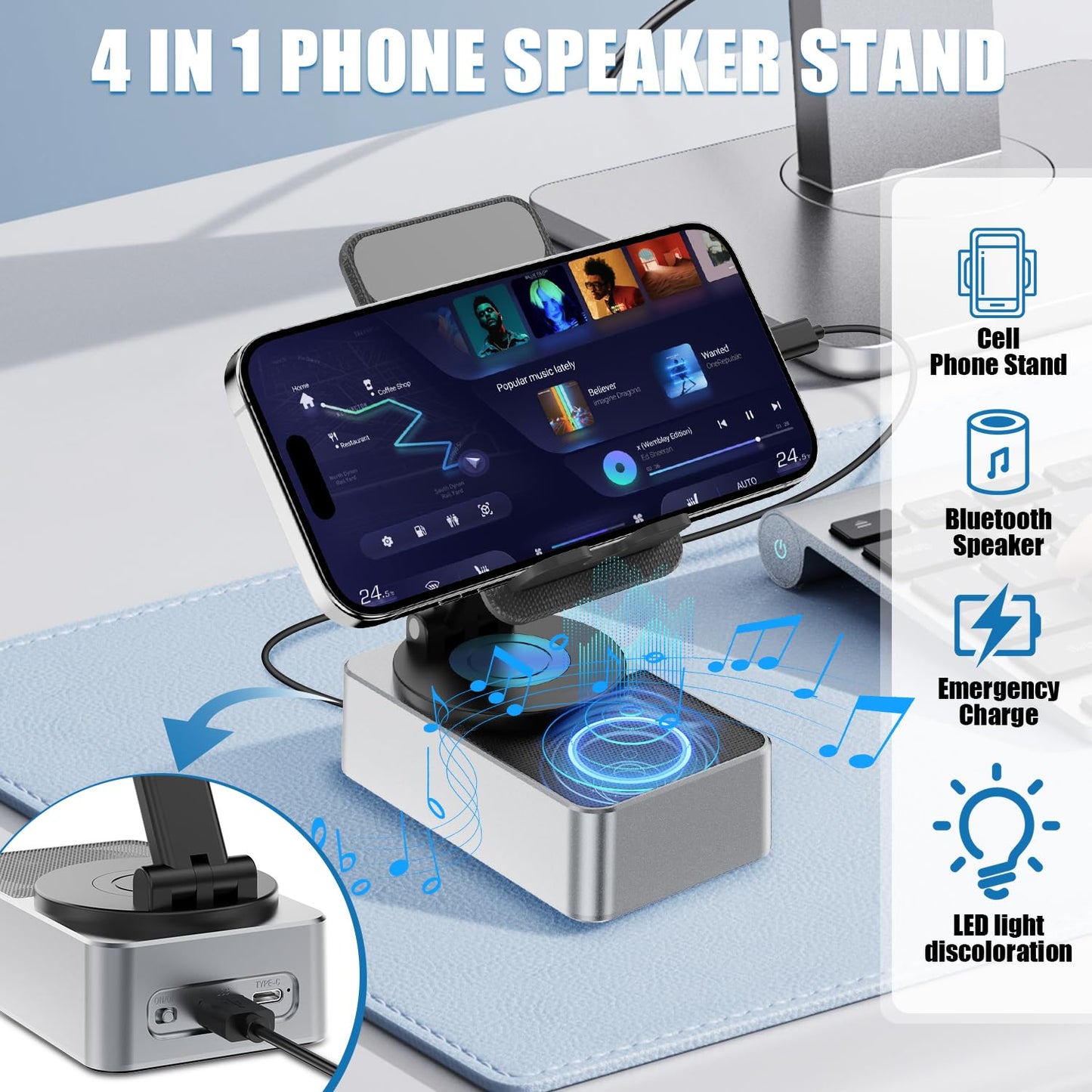 HCRTGAY Induction Speaker, Cell Phone Stand with Wireless Bluetooth Speaker, HD Surround Sound & Led Color Changing Light, Gifts for Men, Compatible with iPhone/Android (Gray-01)