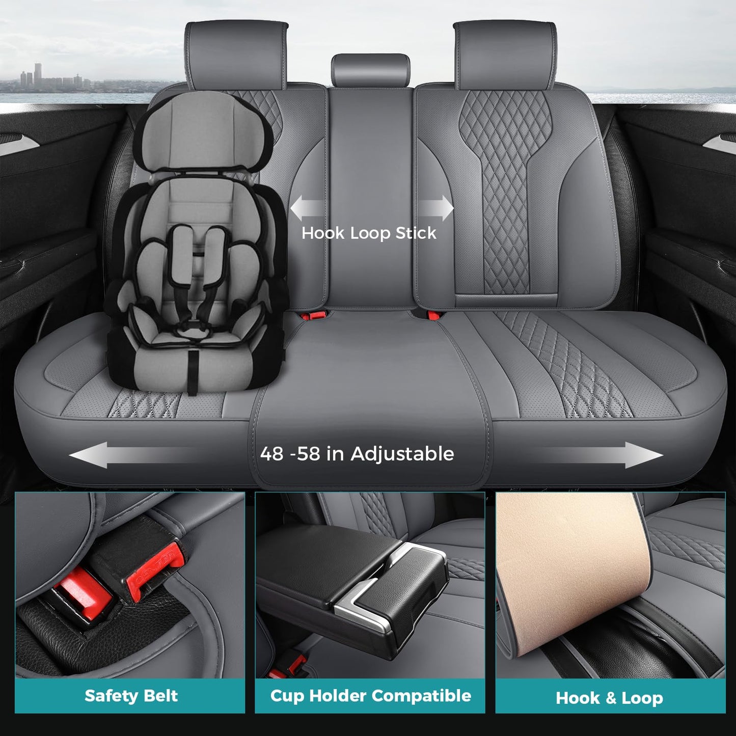 FEINEPRO Leather Car Seat Covers - Breathable Faux Leather Seat Covers Full Set for Cars SUV Sedan - Waterproof - Grey