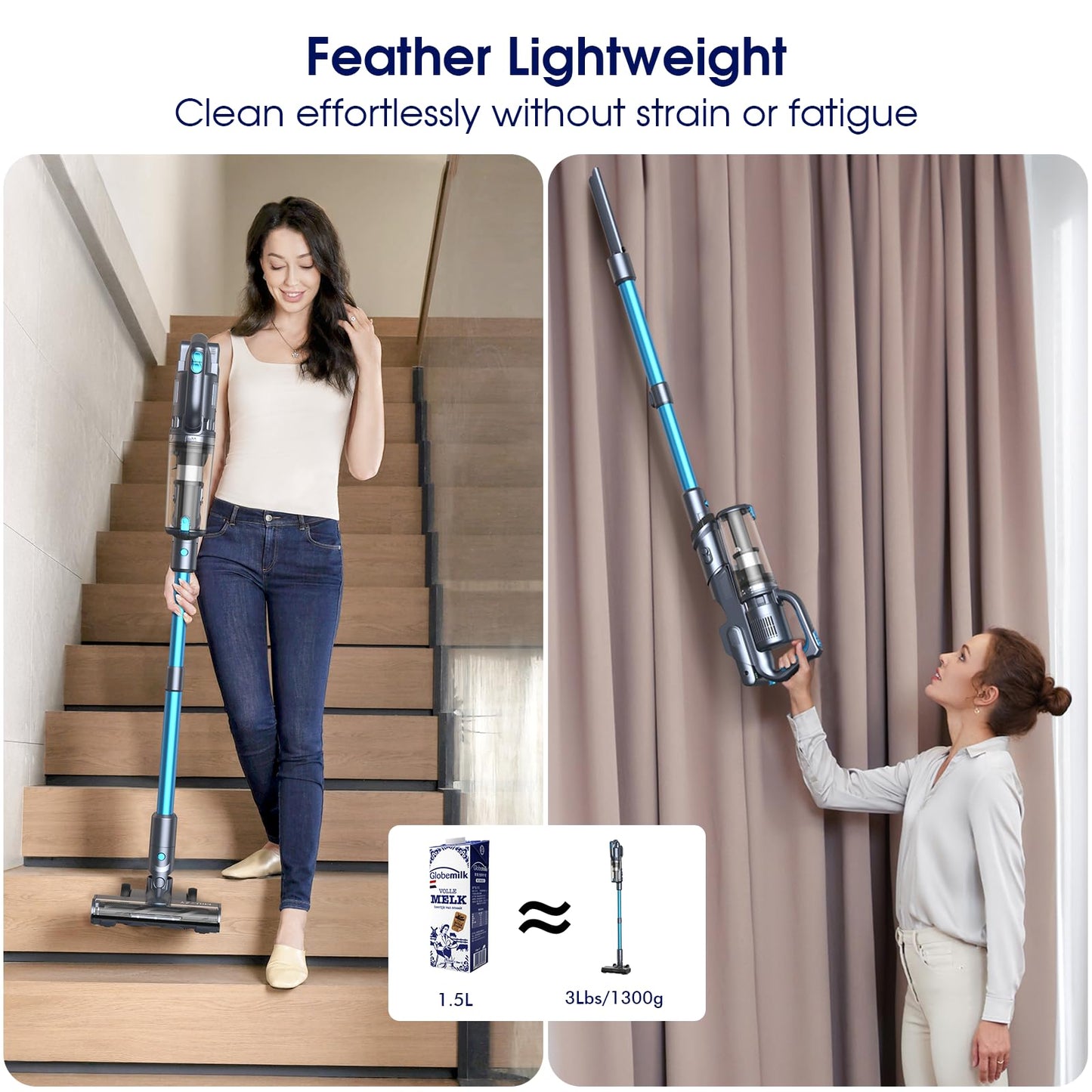MIUZZY 35,000pa Cordless Vacuum Cleaner, Max 50 Minutes, Lightweight Cordless Cleaners for Home, Stick and Handheld Vacuum for Carpets, Hard Floor, Pet Hair, Cars (Blue)