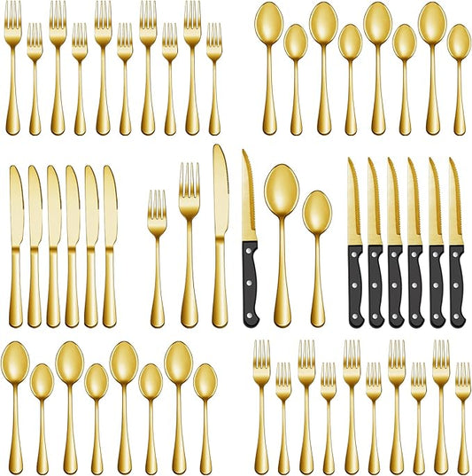 48 Pcs Gold Silverware Set with Steak Knives, Stainless Steel Flatware Cutlery Set Service for 8, Kitchen Tableware Sets, Utensil Sets for Home and Restaurant, Knives Forks Spoon, Dishwasher Safe