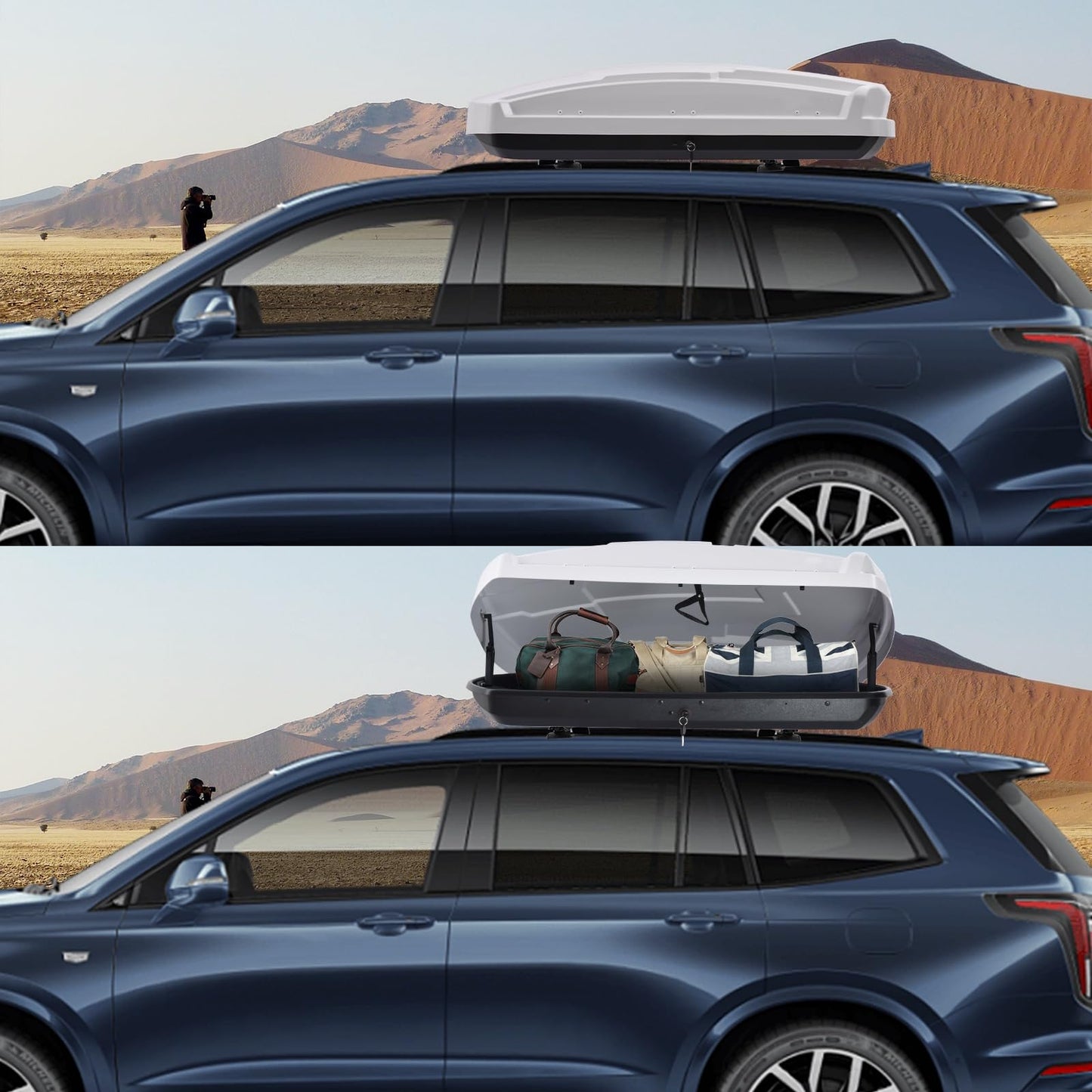 Runave Rooftop Cargo Carrier Hard Shell, Both Side Openning Cargo Box with Security Lock, 15.5 Cubic Feet Capacity, Vehicle Roof Carriers for Storagee - White 58.3x35.4x13 inches