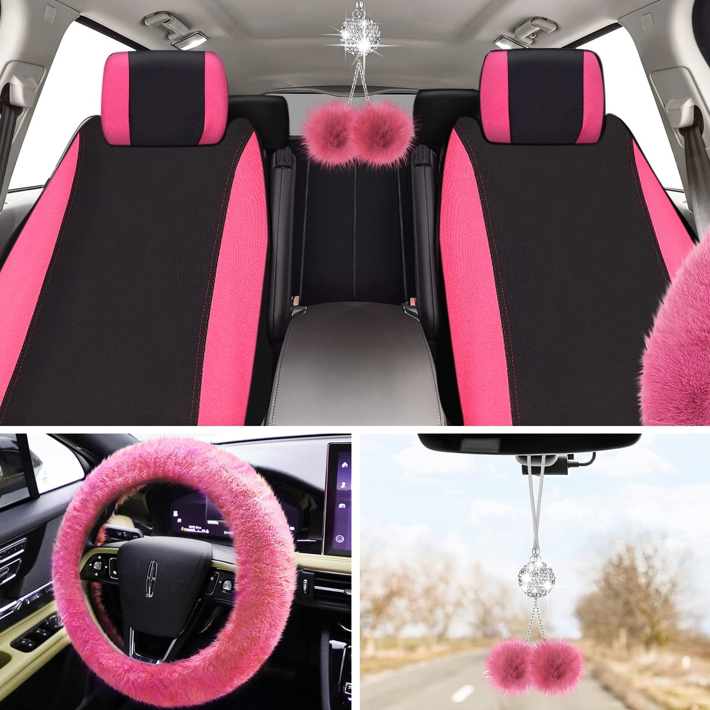 Fulmoon 17 Pcs Car Seat Cover Full Set for Women Universal Fit Car Front Rear Fluffy Steering Wheel Fleece Handbrake Shift Covers Hanging Accessory Holder Ring Emblem(Pink Black)