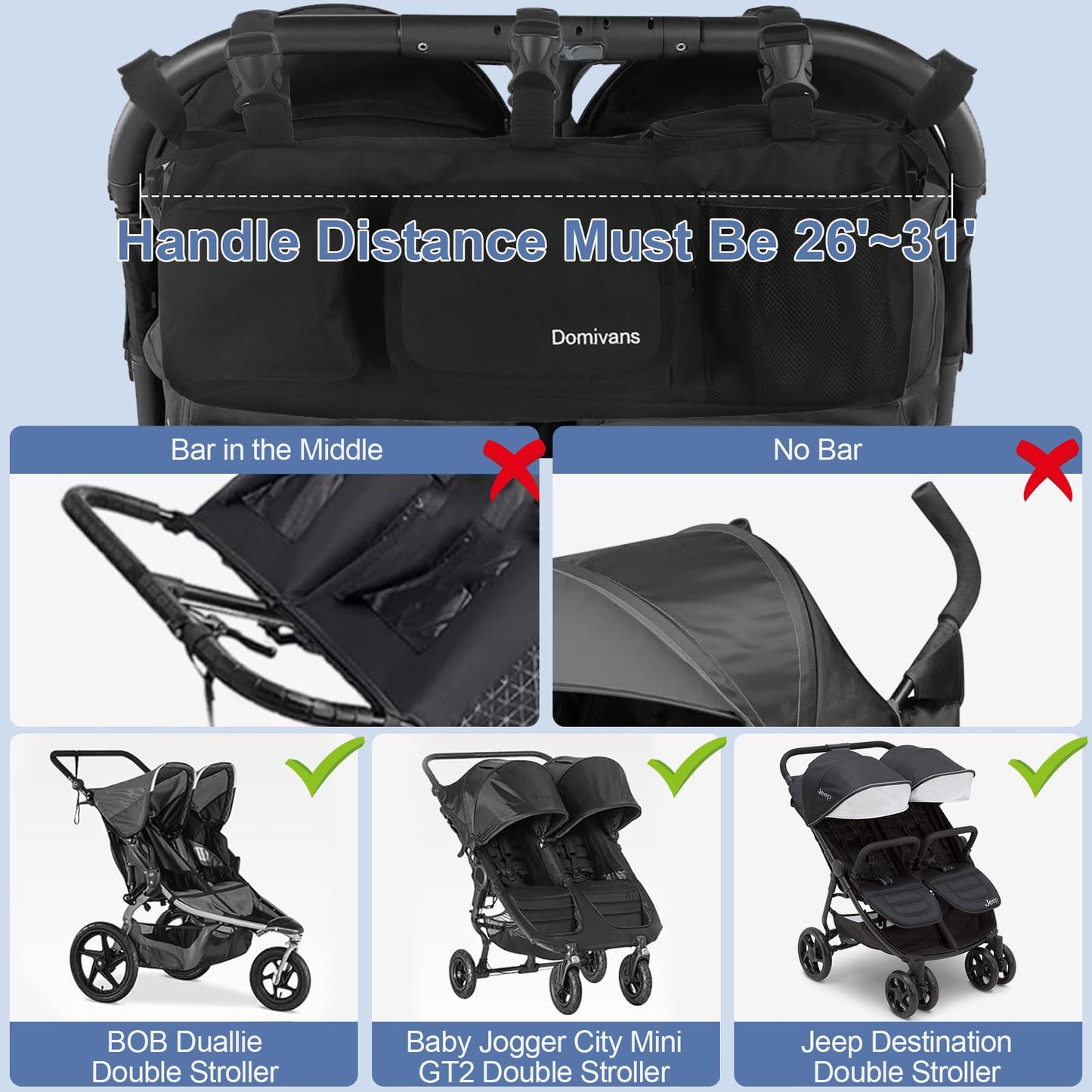 Domivans Double Stroller Organizer,Double Stroller Caddy for Bob Duallie and Baby Jogger City Mini GT2,Extra Large Double Baby Stroller Accessories with Cup Holder,Black(Empty Bag)