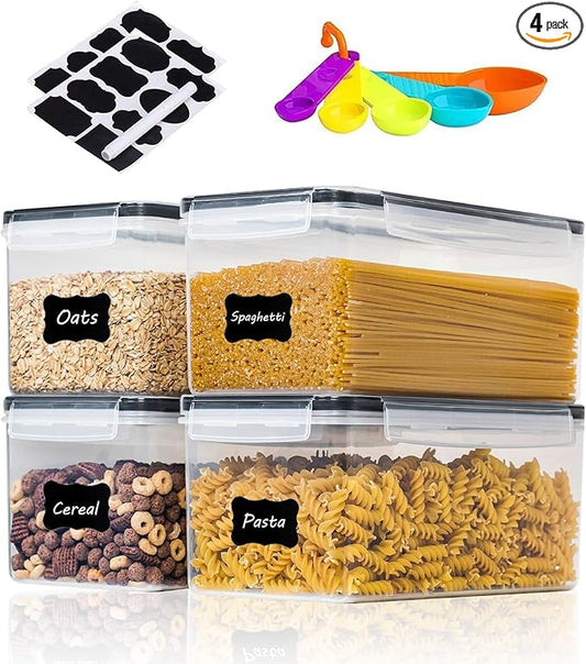 Airtight Food Storage Containers with Lids, BPA-Free Plastic Canisters for Pasta, Spaghetti & Kitchen Pantry Organization 4pcs (3.2L)