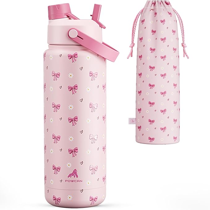 POWCAN 32 oz Insulated Water Bottle with 2-in-1 Straw and Spout Lid, Keep Cold 24H, Leak-Proof, BPA-Free, Double Wall Stainless Steel Water Bottle for Sports, Gym, Travel, Gift, School (Bow Crush)
