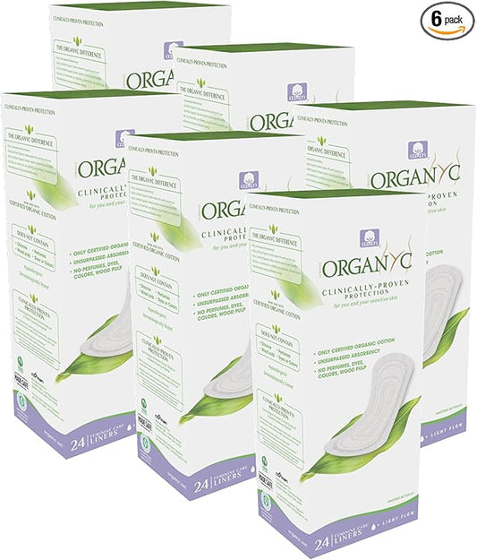 Organyc 100% Certified Organic Cotton Everyday Panty Liner - Flat, Light Flow, Light Plus, 24 Count (Pack of 6)