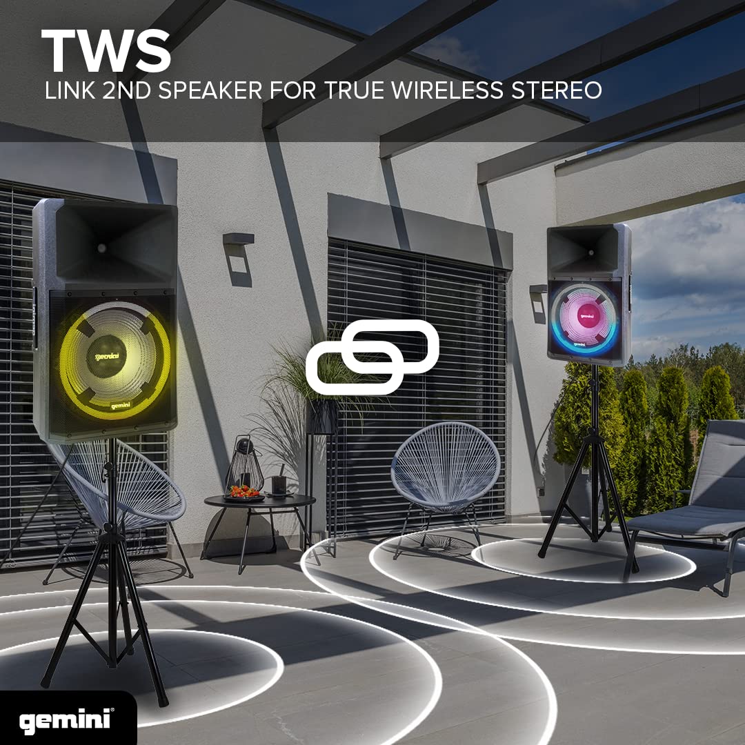 Gemini 15” 2200W Bluetooth PA Speaker System – DJ Loudspeaker with Stand, Wired Mic, LED Lights, TWS Stereo Pairing, 3-Channel Mixer, EQ Control – AC Powered (GSP-L2200PK)