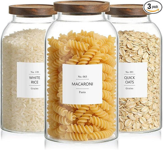 88oz Large Glass Storage Jars with Airtight Acacia Lid and 126 Kitchen Pantry Labels Set of 3, Clear Food Storage Containers for Rice, Pasta, Oats, Cookies and Dry Food