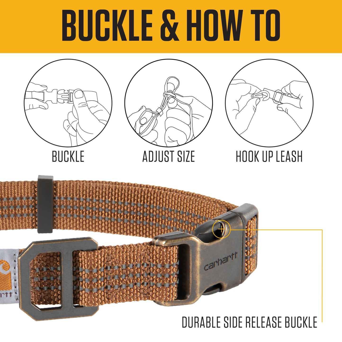Carhartt Fully Adjustable Nylon Webbing Collars for Dogs, Reflective Stitching for Visibility, Carhartt Brown (Nylon Webbing), Medium