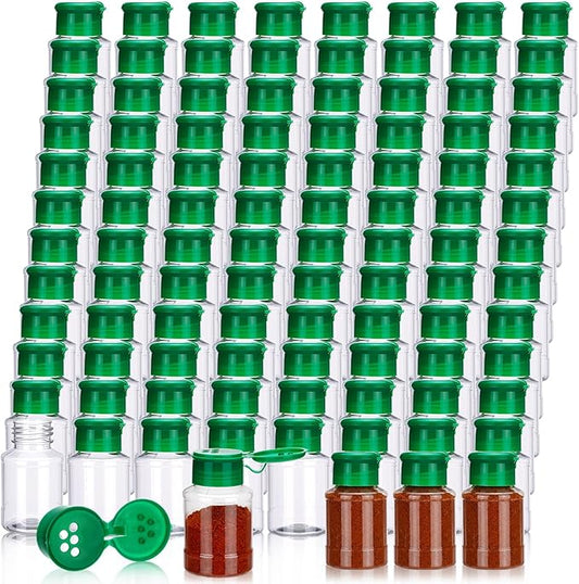 Amyhill 100 Pcs Plastic Spice Bottles Spice Jars with Green Cap Seasoning Jars Shaker 2 Oz/ 60ml Clear Bottle Containers with Shaker Lids for Storing for Spices, Herbs, Powders, Glitters Supplies