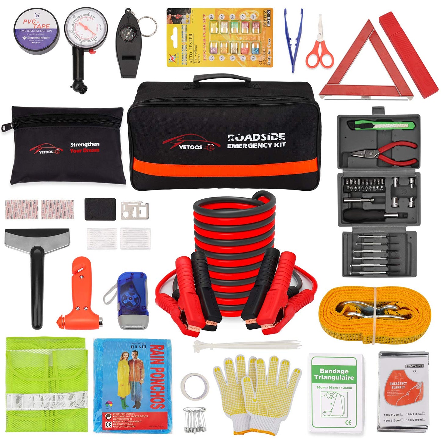 Vetoos Roadside Emergency Car Kit with Jumper Cables, Auto Vehicle Safety Road Side Assistance Kit Essentials, Winter Car Kit for Women and Men, with Mini Car Tool Set, Dial Tire Pressure Gauge
