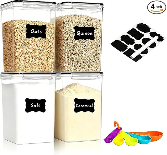 4 Pieces 6.5L / 220 oz Large Food Storage Containers, BPA Free Plastic Airtight Canisters for Flour, Sugar, Baking Supplies, Rice with Lids, Measuring Cups and Labels, Black